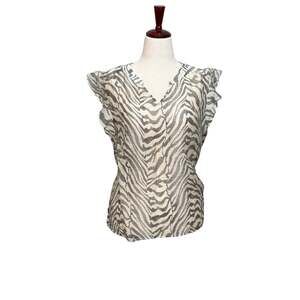 CAbi Savanna top cream gray taupe v neck short flutter sleeve lightweight Sz L